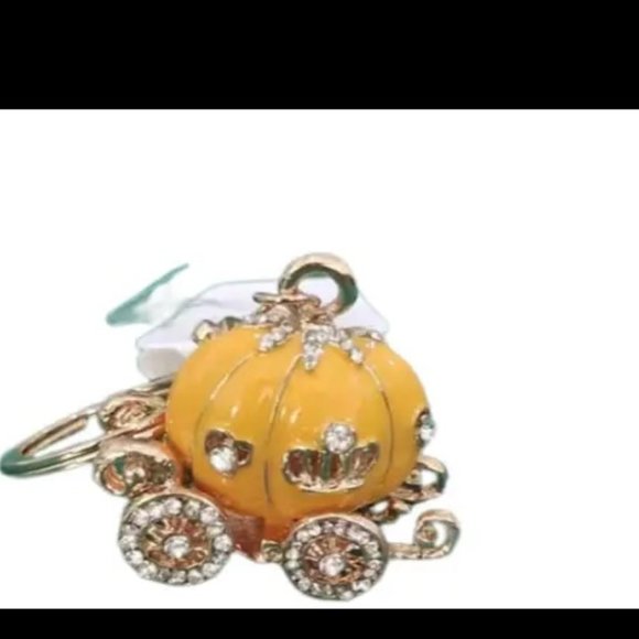 New Yellow Orange Pumpkin with Crown Bedazzled Cinderella's Coach Bag Charm Key - Picture 2 of 3